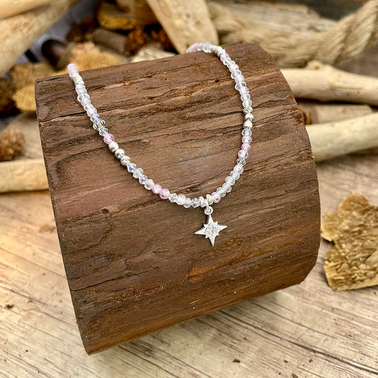 Collier femme en argent 925 – SWEET BUT GLAM, perles pierre de lune arc-en-ciel, zircons roses & étoile polaire pavée