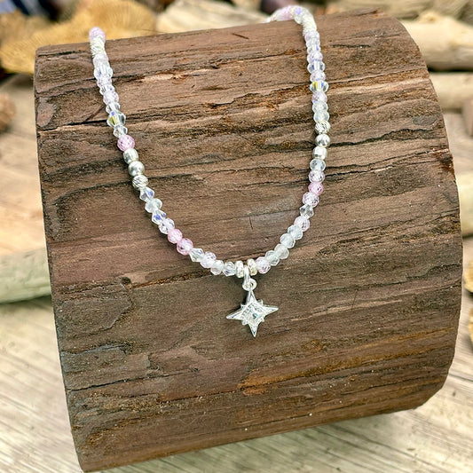 Collier femme GLITTER MY SKY – perles facettées de pierre de lune arc-en-ciel, zircons rose et étoile polaire pavée de zircons en argent 925