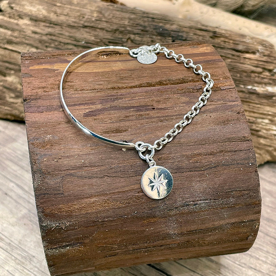 Bracelet femme demi-jonc en argent 925 – STEAL MY WAY, médaille rose des vents & chaîne jaseron