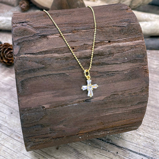 Collier femme SPARK MY CROSS – croix art déco pavée de zircons et chaîne boules facettées scintillantes en argent 925 plaqué or 24K