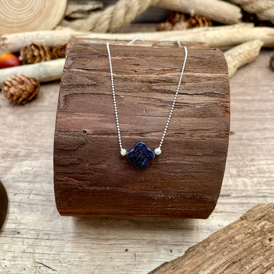 Collier femme SPARK MY NIGHT – trèfle en blue sand facettée & chaîne boules scintillantes en argent 925