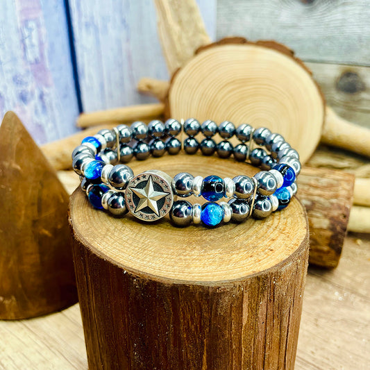 PENTACLE MEN'S DOUBLE ROW BRACELET BLACK AGATES BEADS AND STAR SPACER IN 925 SILVER