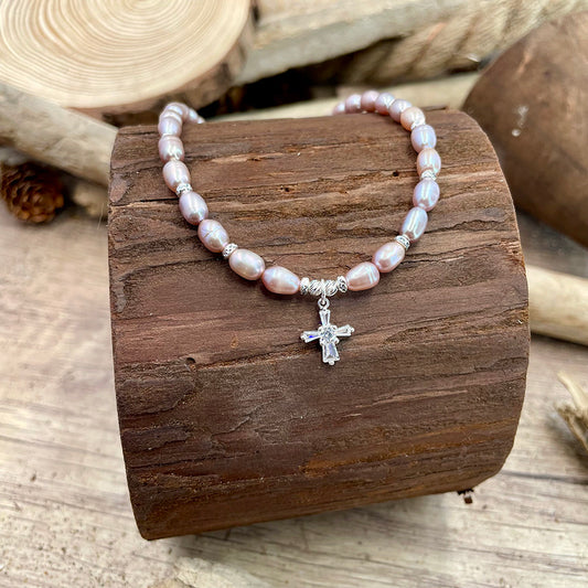 QUEEN OF PEARLS PINK FRESHWATER CULTURED PEARL NECKLACE AND ZIRCONIA CROSS PENDANT AND 925 SILVER