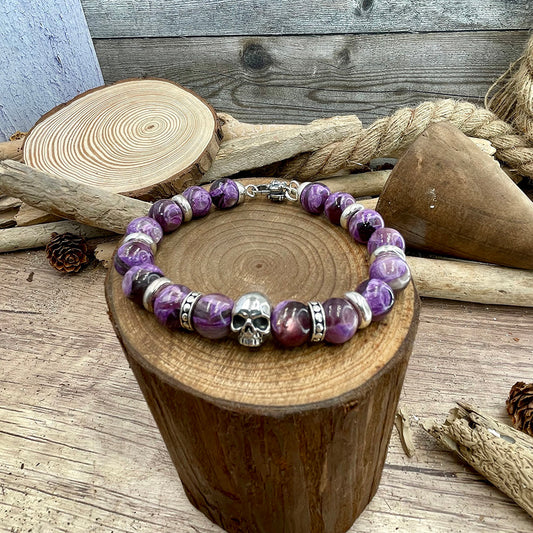 Bracelet homme VOODOO BONES – perles de lépidolite 10 mm, tête de mort et fermoir skull argent 925