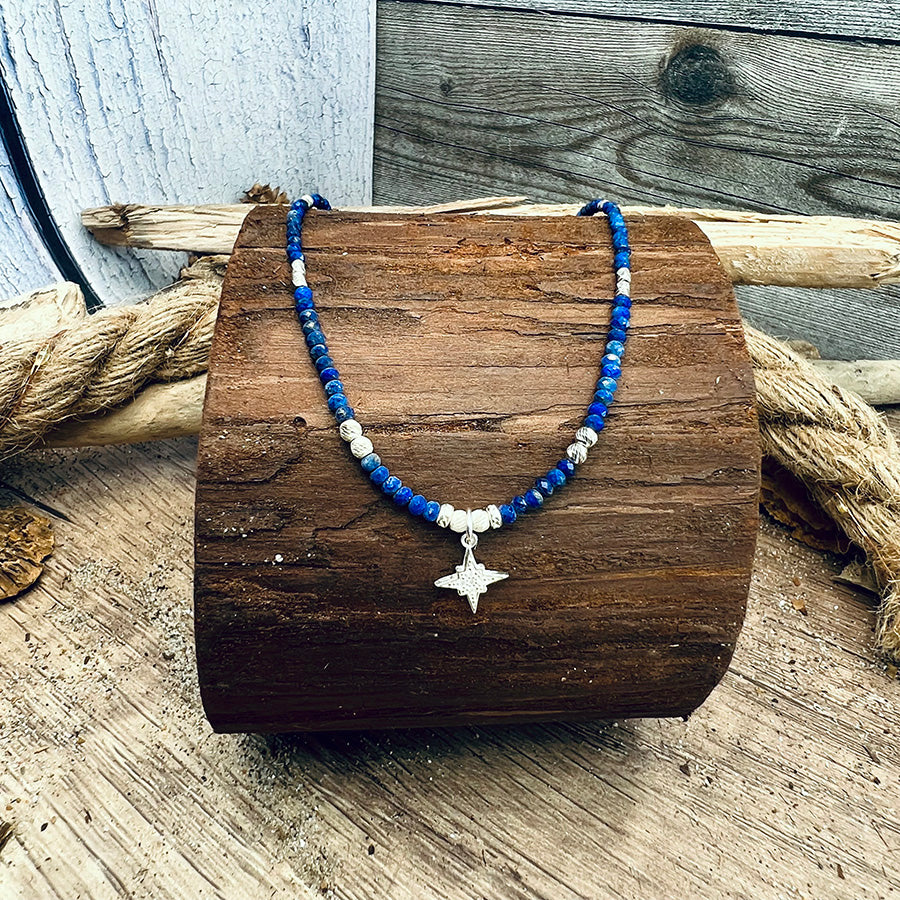 Collier femme MAKE IT BLUE, BABE Perles facettées de lapis-lazuli, étoile du Nord sertie de zircon et argent 925