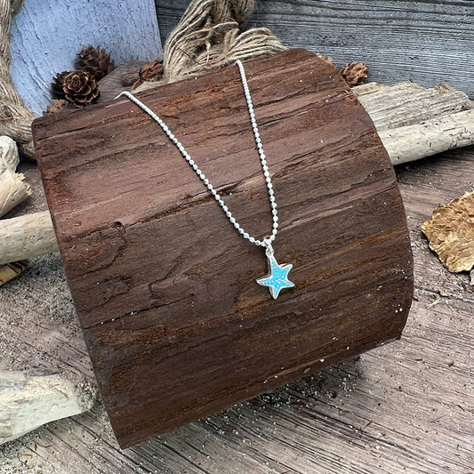 TWIN SEA FLOWERS NECKLACE BEADED CURB CHAIN ​​TURQUOISE ENAMEL STARFISH PENDANT 925 SILVER