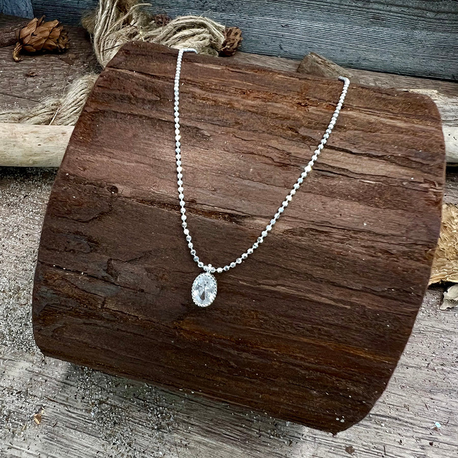 Collier femme DROP MY SPARK, QUEEN – pendentif ovale zircon façon diamant, chaîne boules facettées scintillantes en argent 925