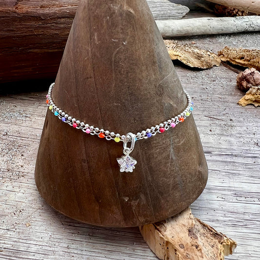 Bracelet femme double-rang RAINBOW PARTY & DIAMONDS – chaîne perles émaillées multicolores, chaîne boules facettées scintillantes et pendentif étoile zircon argent 925