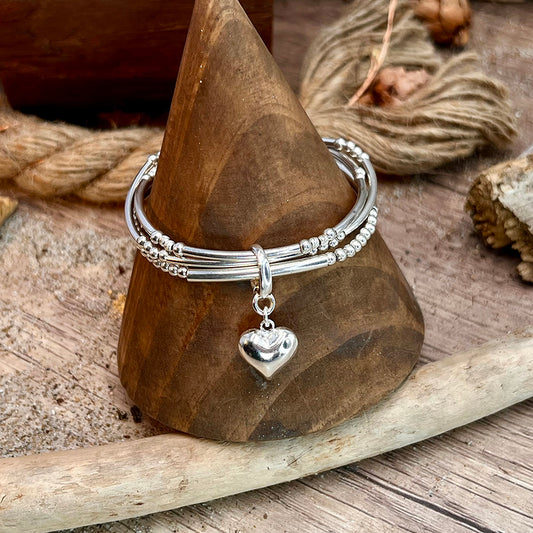 BRACELET femme multi-rang DRAMA LOVES ME – perles facettées argent 925, tubes et pendentif cœur miroir