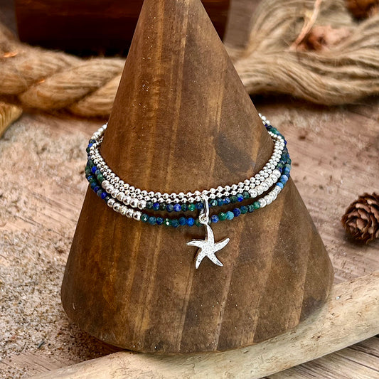 LAGOON MULTI-ROW BRACELET IN AZURITE PEARLS AND STRUCTURED PENDANT IN 925 SILVER