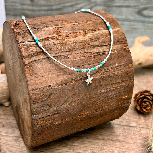 Collier femme ONE WAY TO MALIBU – perles liquid silver, perles de turquoise du Nevada et pendentif étoile de mer argent 925