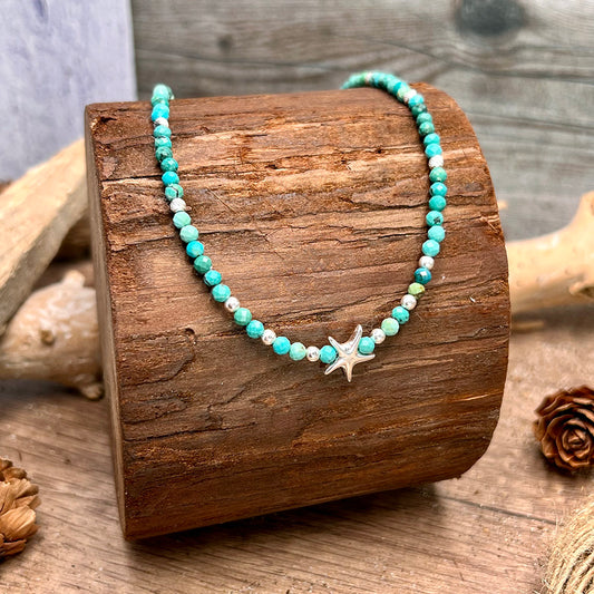Collier femme SHELL ME BABY ONE MORE TIME – perles de turquoise naturelle, pendentif étoile de mer et argent 925