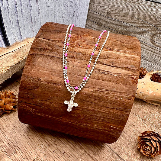 Collier femme double rang I LOST MY MIND IN MIAMI – chaîne perles émaillées rose fluo, pendentif croix zircons, argent 925