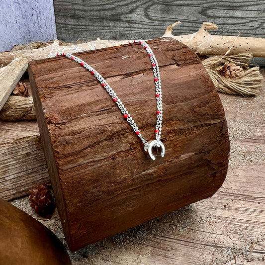 Collier femme double rang LUCKY ME, I’M SPICY – chaîne perles émaillées rouges et pendentif fer à cheval miroir argent 925