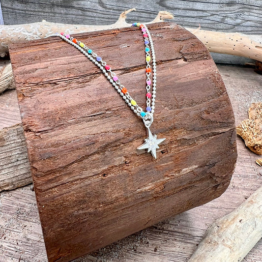 Collier femme double rang I FOLLOW ME – chaîne perles émaillées fluo multicolore et pendentif étoile du Nord sertie zircon