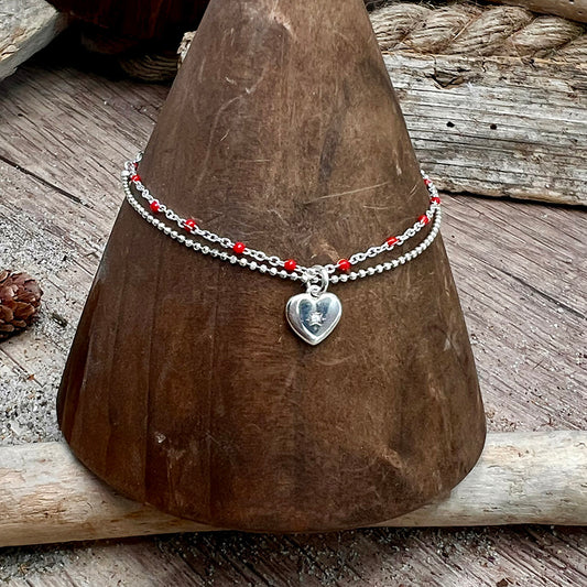 Bracelet femme double-rang SHOT MY HEART, BABY – chaîne perles émaillées rouges, pendentif cœur zircon étoile et chaîne boules argent 925