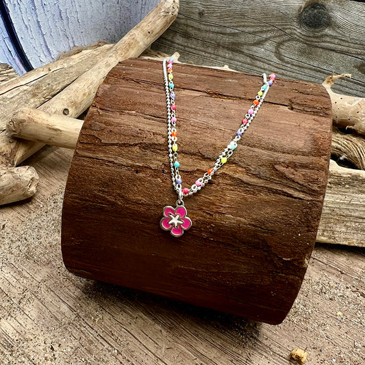 Collier femme double rang HIBISCUS & ALOHA – chaîne perles émaillées fluo multicolore, pendentif fleur hibiscus rose fluo et argent 925