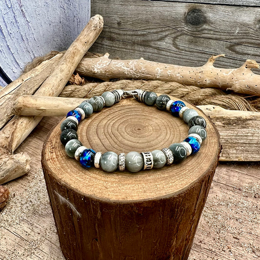 Bracelet homme OCEAN JUICE – perles d’œil d’aigle 8 mm, donut signature et fermoir mousqueton argent 925