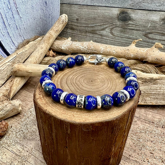 Bracelet homme KING’S HANGOVER – perles de lapis-lazuli 10 mm, donut Pitch & Néo® et fermoir infini oversize argent 925