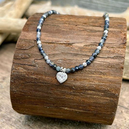 WATER SAPPHIRE NECKLACE WITH CORDIERITE BEADS AND ZIRCONIA CROSS PENDANT AND 925 SILVER