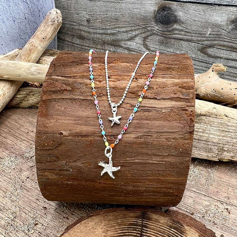 Collier femme double rang MERMAID IS A BEACH – chaîne perles émaillées fluo multicolores, pendentifs étoiles de mer dont une sertie, argent 925