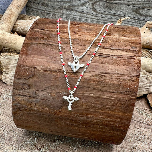 Collier femme double rang RED KISS, NO ENTRY – chaîne boules facettées scintillantes et chaîne perles émaillées rouge, pendentifs cœur cadenas ailé et clé ailée, argent 925
