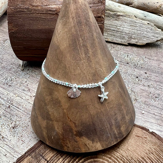 Bracelet femme double-rang TURQUOISE, TAN & STARFISH – chaîne perles émaillées turquoise, chaîne boules facettées scintillantes et pendentif étoile de mer argent 925 (Copie)