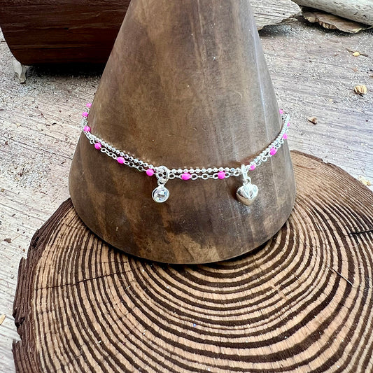 Bracelet femme double-rang SLURP MY CANDY – chaîne perles émaillées rose fluo, pendentif cœur bombé et pendentif zircon façon diamant en argent 925