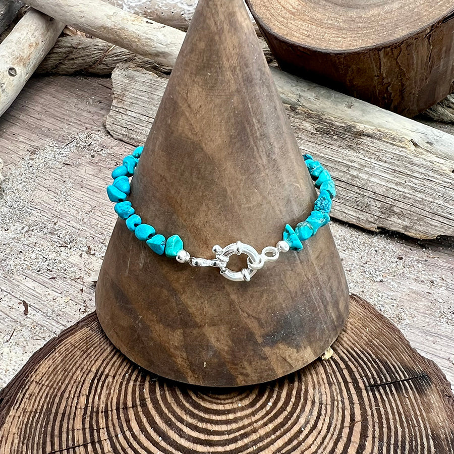 Bracelet femme TEQUILA & TURQUOISE – perles chips de turquoise véritable Nevada, fermoir bouée et argent 925
