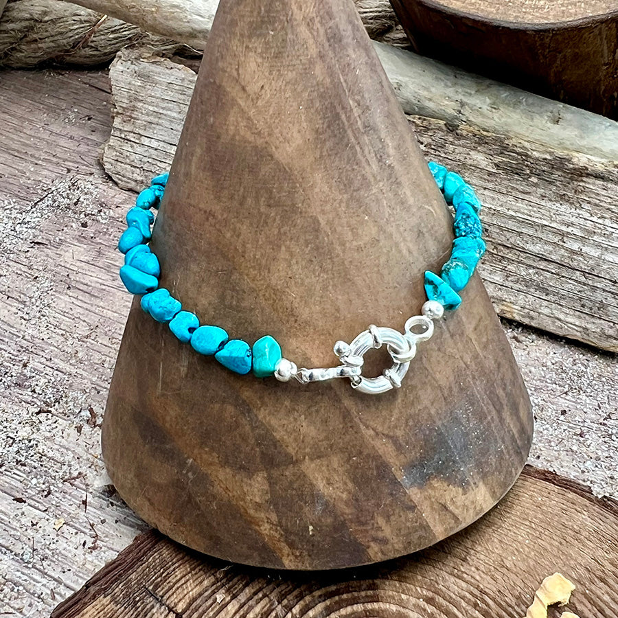 Bracelet femme TEQUILA & TURQUOISE – perles chips de turquoise véritable Nevada, fermoir bouée et argent 925