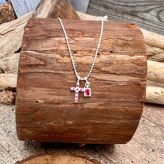 Collier femme PINKY PIE – chaîne boules facettées scintillantes, pendentif croix zircon fuchsia et pendentif rectangulaire zircon fuchsia étoile en relief, argent 925