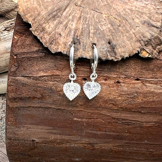 Boucles d’oreilles femme créoles LOVE DEALER – pendentifs cœur zircon taille cœur serti milgrain et argent 925