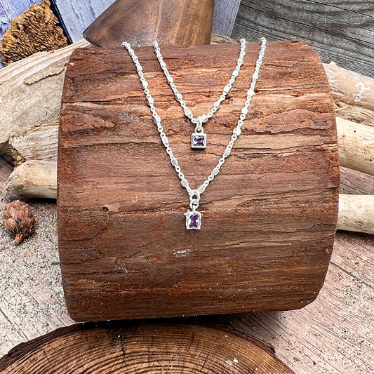 Collier femme double-rang TIPSY TWINS – chaîne forçat cubes miroir, pendentifs rectangulaire et carré zircons violets étoile et argent 925