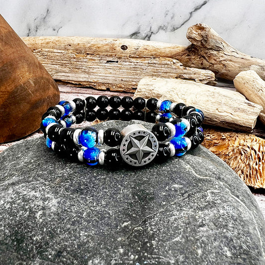 Bracelet homme double-rang STAR & SIN – perles d’onyx 8 mm, perles lumineuses bleues, palet étoile signature et argent 925