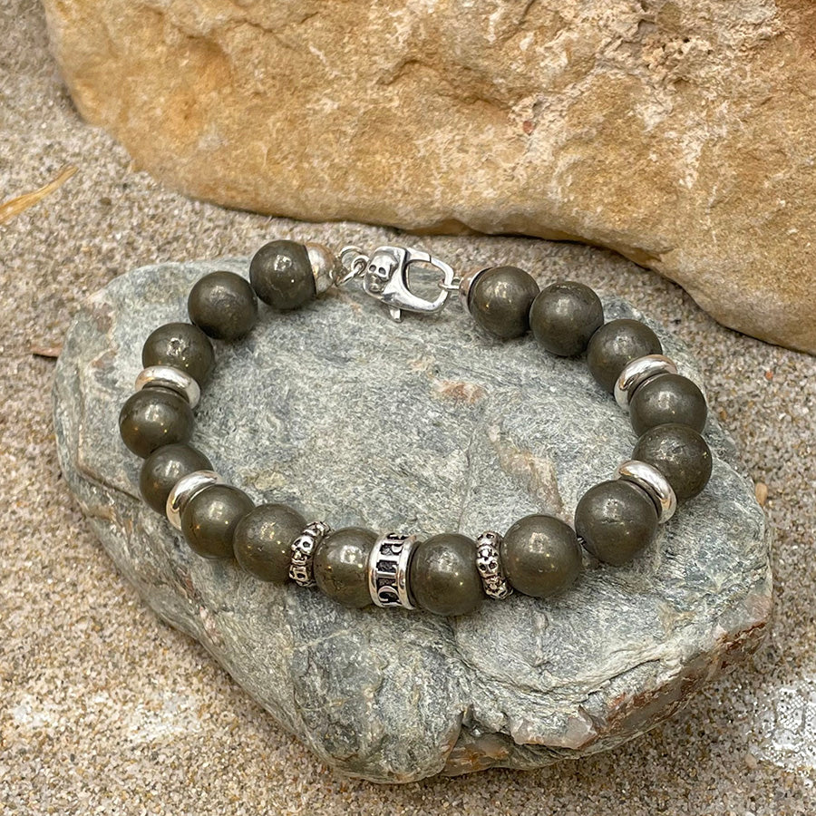 HUNK BRACELET HOMME EN PERLES DE PYRITE D'INDE FERMOIR ET INTERCALAIRES EN ARGENT 925