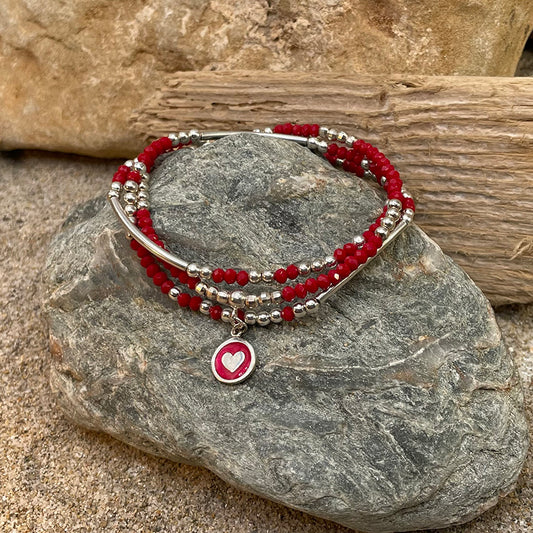 RED KISS BRACELET MULTI RANGS EN PERLES DE CORAIL BAMBOU ET PENDENTIF CŒUR EN  ÉMAIL ET ARGENT 925