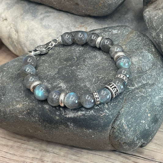 SEA JELLY BRACELET HOMME EN PERLES DE LABRADORITE ARC EN CIEL INTERCALAIRES EN ARGENT 925