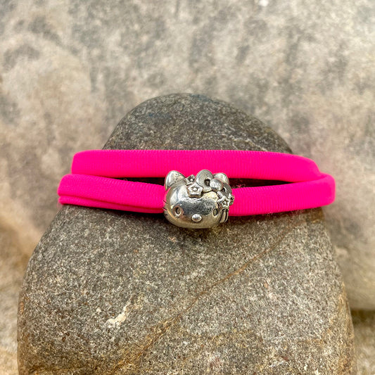 HELLO KITTEN BRACELET LYCRA ROSE FLUO INTERCALAIRE CHATOUNETTE EN ARGENT 925