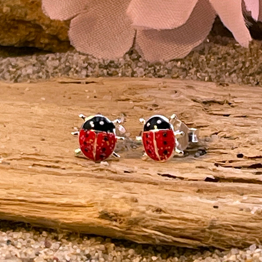 LADY BUG BOUCLES D'OREILLES ENFANT COCCINELLES EN ÉMAIL PAILLETÉ ET ARGENT 925