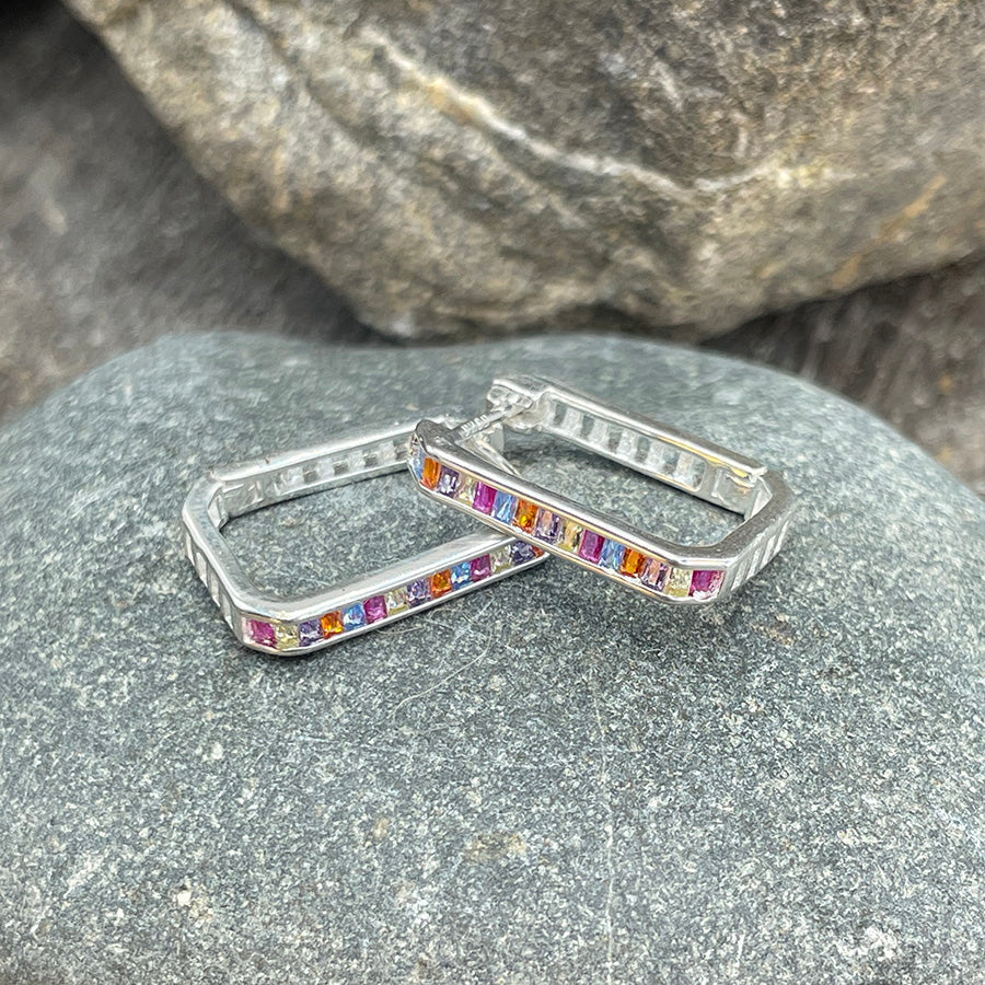 MISFIT RAINBOW RECTANGULAR CREOLE EARRINGS WITH MULTICOLOR ZIRCONIA IN 925 SILVER