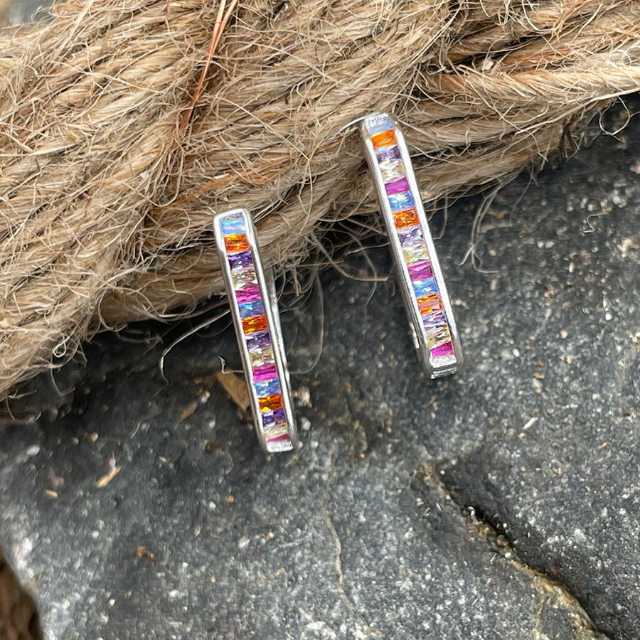 MISFIT RAINBOW RECTANGULAR CREOLE EARRINGS WITH MULTICOLOR ZIRCONIA IN 925 SILVER