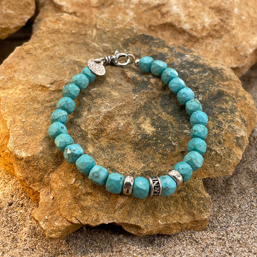 P.I.M.P BRACELET HOMME EN PERLES CARRÉES DE TURQUOISES INTERCALAIRE ET FERMOIR EN ARGENT 925