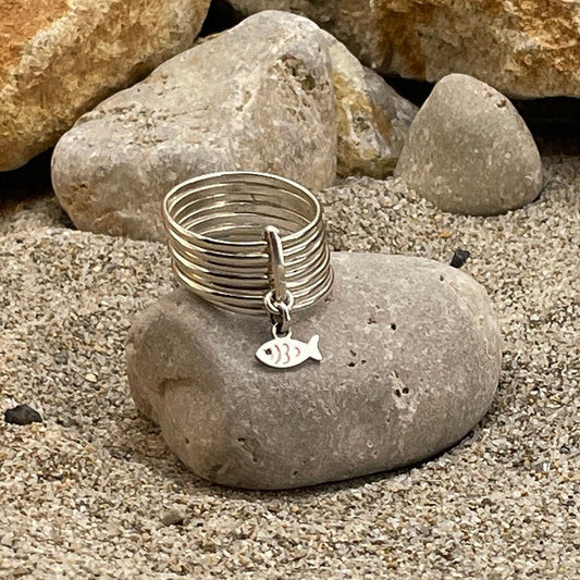 Bague femme CATFISH ME, LOVER – argent 925, multi - anneaux lisses et pendentif poisson gravé – bijoux fait main en argent 925 | Pitch & Néo