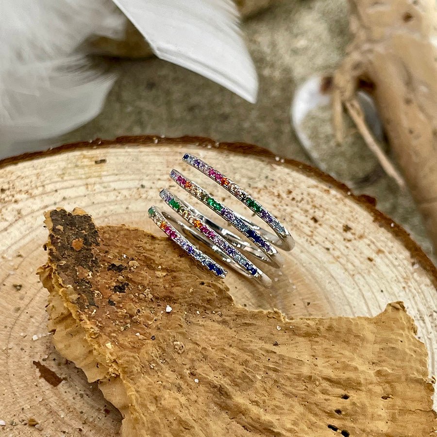 Bague femme DON’T BE SHY, JUST SHINY – bague spirale pavée de zircons multicolores en argent 925 – bijoux fait main en argent 925 | Pitch & Néo