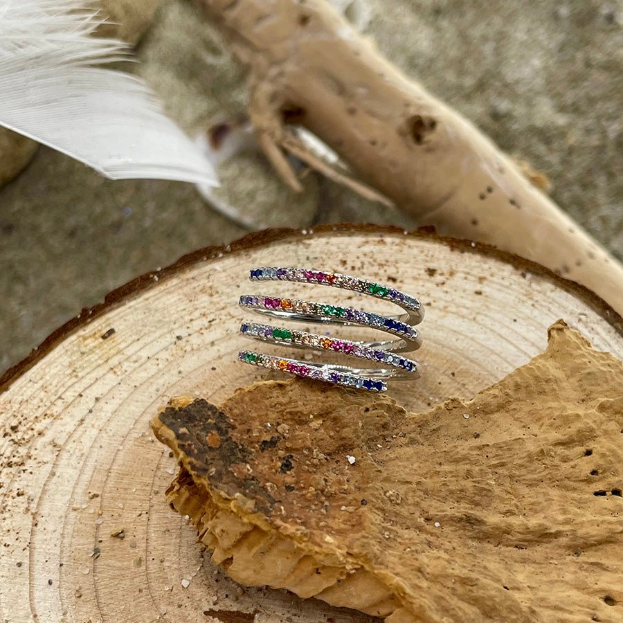 Bague femme DON’T BE SHY, JUST SHINY – bague spirale pavée de zircons multicolores en argent 925 – bijoux fait main en argent 925 | Pitch & Néo