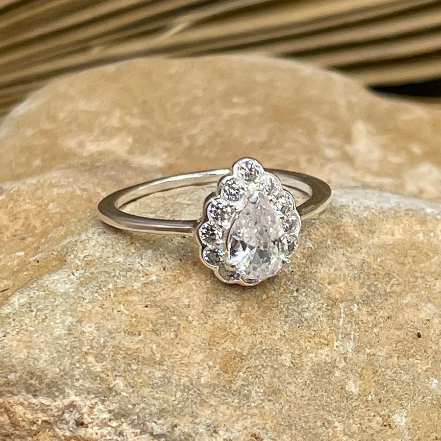Bague femme FROST ME, CHÉRIE – argent 925, zircon taille poire façon diamant et halo scintillant – bijoux fait main en argent 925 | Pitch & Néo