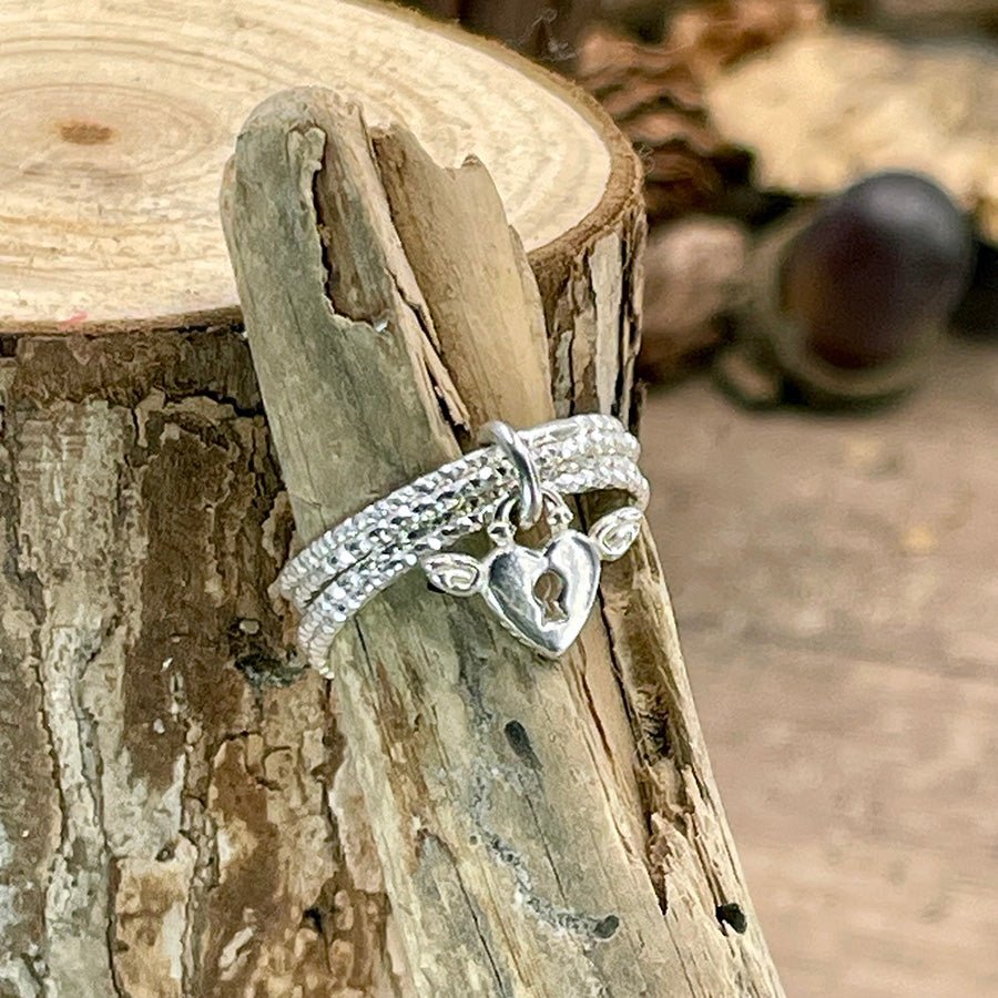 Bague femme multi - anneaux facettés pendentif cadenas cœur ailes argent 925 SHUT UP & LOVE ME – bijoux fait main en argent 925 | Pitch & Néo