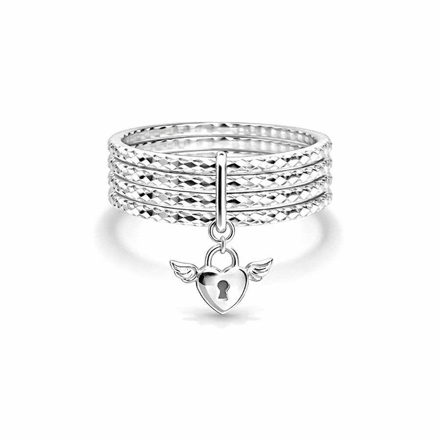 Bague femme multi - anneaux facettés pendentif cadenas cœur ailes argent 925 SHUT UP & LOVE ME – bijoux fait main en argent 925 | Pitch & Néo