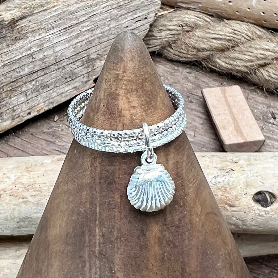 Bague femme OYSTER MOOD – multi - anneaux facettés scintillants, pendentif coquillage et argent 925 – bijoux fait main en argent 925 | Pitch & Néo