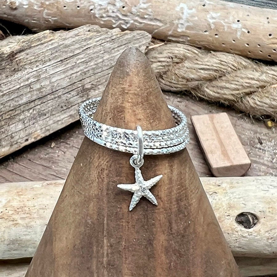Bague femme SIREN’S SECRET – multi - anneaux facettés scintillants, pendentif étoile de mer et argent 925 – bijoux fait main en argent 925 | Pitch & Néo